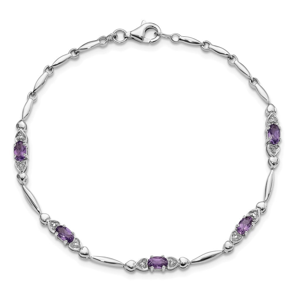 SS Rhodium-plated Amethyst and Diamond Heart 7.5in Bracelet QX995AM