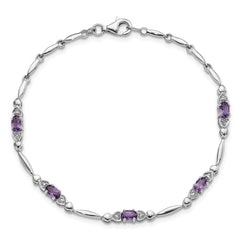 SS Rhodium-plated Amethyst and Diamond Heart 7.5in Bracelet QX995AM