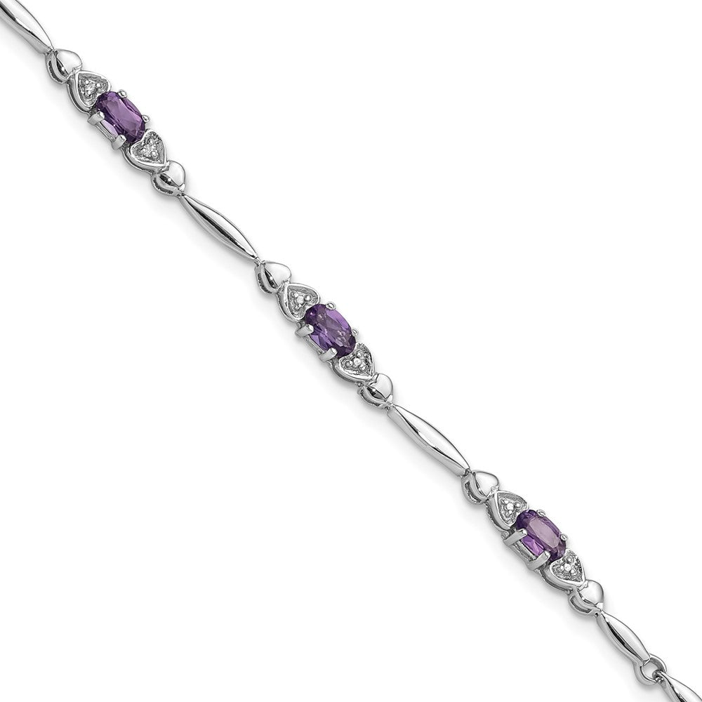 SS Rhodium-plated Amethyst and Diamond Heart 7.5in Bracelet QX995AM