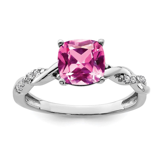Sterling Silver Rhodium-plated Created Pink Sapphire and Diamond Ring