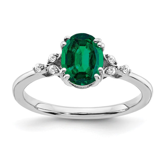 Sterling Silver Rhodium-plated Created Emerald and Diamond Ring