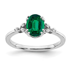 Sterling Silver Rhodium-plated Created Emerald and Diamond Ring