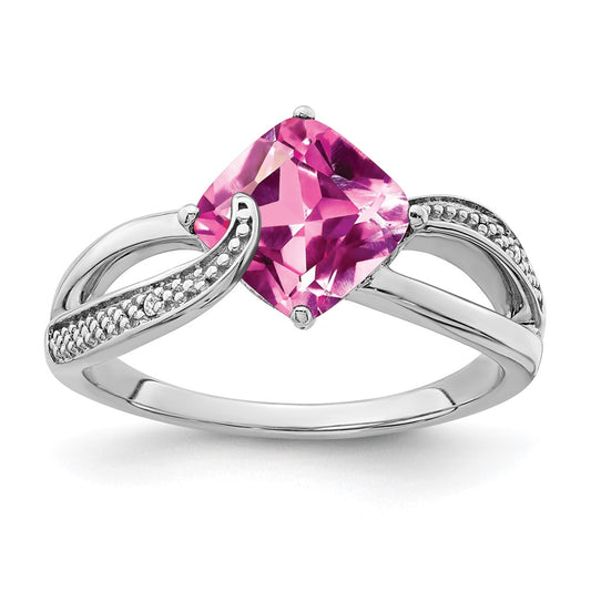 Sterling Silver Rhodium-plated Created Pink Sapphire and Diamond Ring
