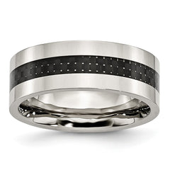 Chisel Stainless Steel Polished with Black Carbon Fiber Inlay 8mm Flat Band