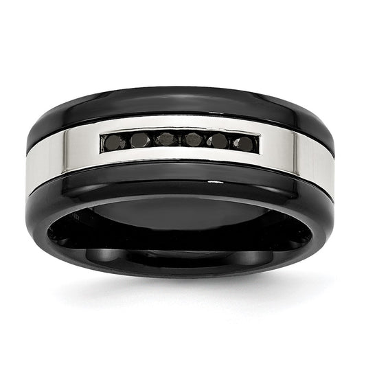 Chisel Stainless Steel Polished Black IP-plated 1/4 Carat Black Diamond 9mm Band