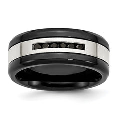Chisel Stainless Steel Polished Black IP-plated 1/4 Carat Black Diamond 9mm Band