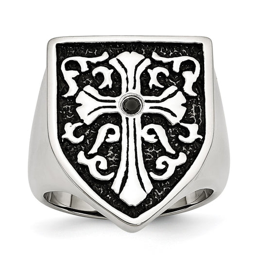 Chisel Stainless Steel Antiqued and Polished 1/20 Carat Black Diamond Shield Ring