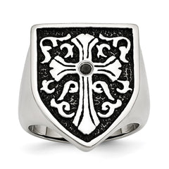Chisel Stainless Steel Antiqued and Polished 1/20 Carat Black Diamond Shield Ring