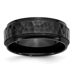 Chisel Stainless Steel Polished and Hammered Black IP-plated 8mm Beveled Edge Band