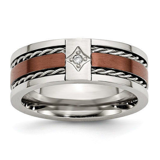 Chisel Stainless Steel Brushed and Polished Brown IP-plated .02 Carat Diamond 8mm Band