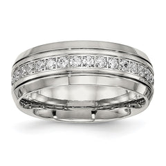 Chisel Stainless Steel Polished and Grooved with CZ 8mm Half Round Band