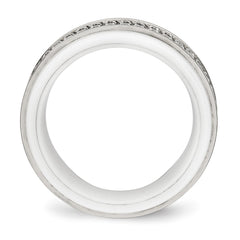 Chisel Stainless Steel Polished White Ceramic CZ Ridged Edge Ring