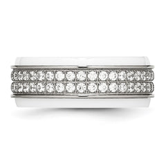 Chisel Stainless Steel Polished White Ceramic CZ Ridged Edge Ring