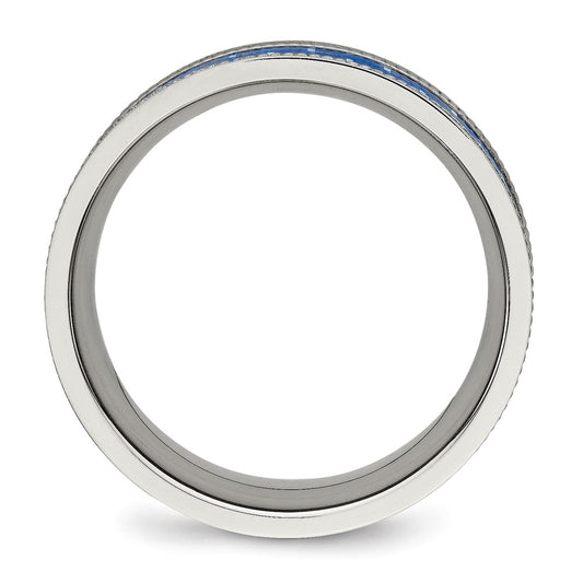 Chisel Stainless Steel Polished with Blue Carbon Fiber Inlay Textured Edge 8mm Band