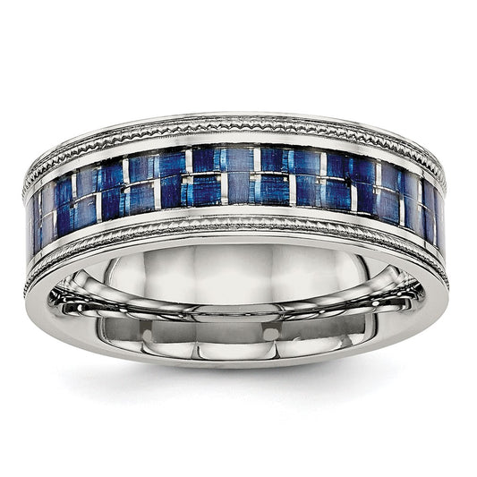 Chisel Stainless Steel Polished with Blue Carbon Fiber Inlay Textured Edge 8mm Band