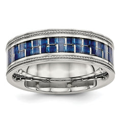 Chisel Stainless Steel Polished with Blue Carbon Fiber Inlay Textured Edge 8mm Band