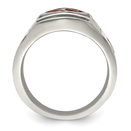 Chisel Stainless Steel Antiqued and Polished with Red Enamel Cross and Shield Ring