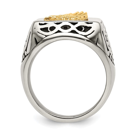 Chisel Stainless Steel with 14k Gold Accent Antiqued and Polished Eagle Ring