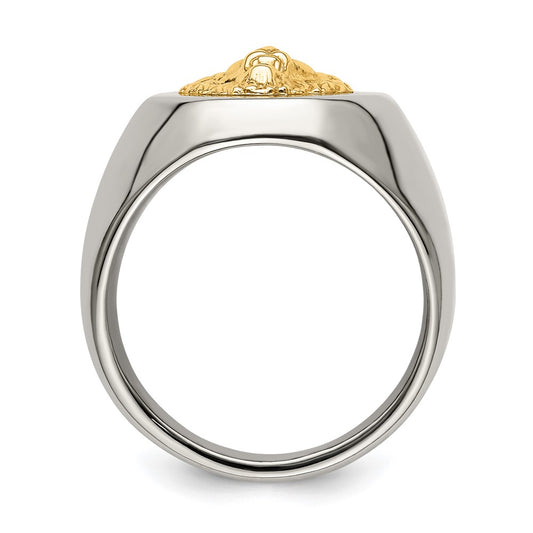 Chisel Stainless Steel with 14k Gold Accent Polished Lion Head Ring