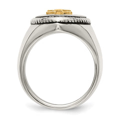 Chisel Stainless Steel with 14k Gold Accent Antiqued and Polished Cross on Shield Ring