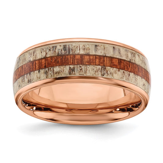 Chisel Stainless Steel Polished Rose IP-plated with Wood and Antler Inlay 8mm Band