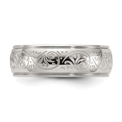 Chisel Stainless Steel Polished Etched Design Ridged Edge 7.5mm Band