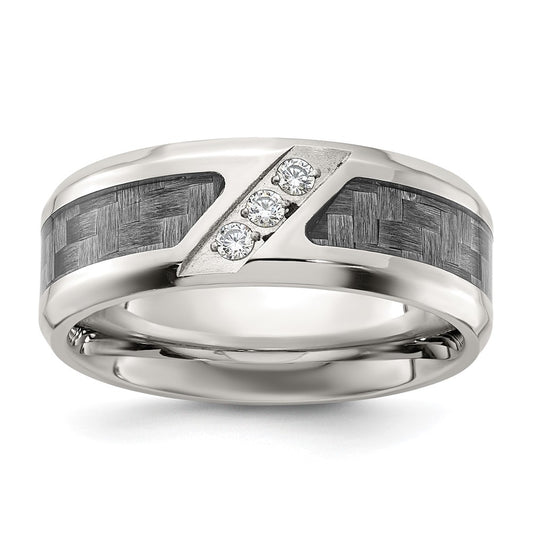 Chisel Stainless Steel Polsihed with Gray Carbon Fiber Inlay and CZ 8mm Band