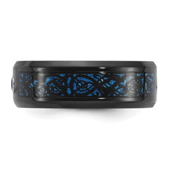Chisel Stainless Steel Polished Black and Blue IP-plated with CZ Carbon Fiber Inlay in Clear Epoxy 8mm Band