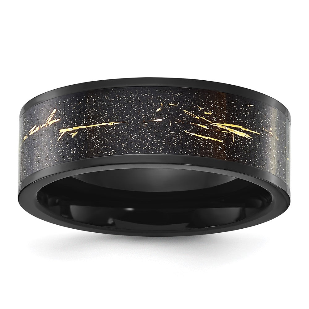 Chisel Stainless Steel Polished Black IP-plated Black and Gold Foil Inlay 8mm Band