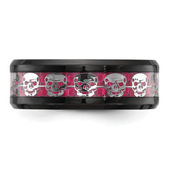 Chisel Stainless Steel Polished  Black IP-plated Skulls with Pink Carbon Fiber Inlay 8mm Band