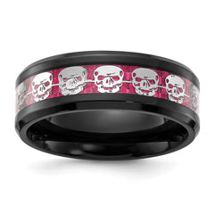 Chisel Stainless Steel Polished  Black IP-plated Skulls with Pink Carbon Fiber Inlay 8mm Band