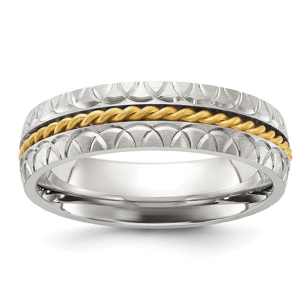 Chisel Stainless Steel Brushed, Polished and Textured Yellow IP-plated Center 6mm Band
