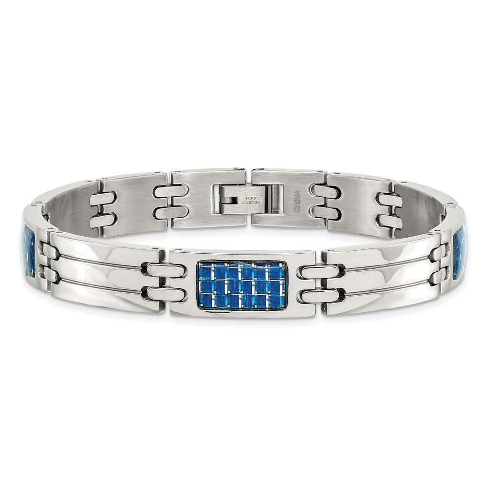 Chisel Stainless Steel Polished with Blue Carbon Fiber Inlay 8.5 inch Link Bracelet SRB1220-8.5