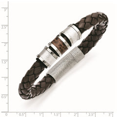 Chisel Stainless Steel Polished and Textured Brown and Metallic Color Leather with Black Rubber 8.25 inch Bracelet SRB1261-8.25