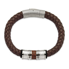 Chisel Stainless Steel Polished and Textured Brown and Metallic Color Leather with Black Rubber 8.25 inch Bracelet SRB1261-8.25