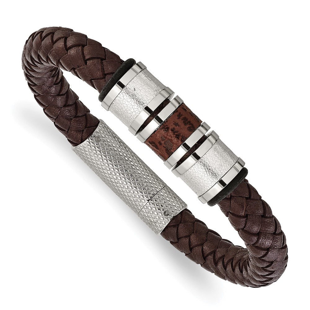 Chisel Stainless Steel Polished and Textured Brown and Metallic Color Leather with Black Rubber 8.25 inch Bracelet SRB1261-8.25