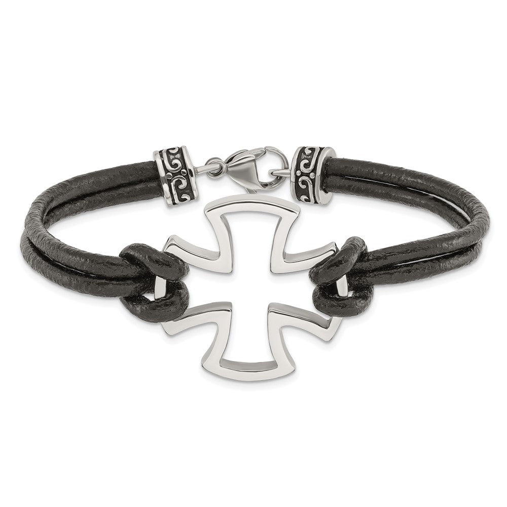 Chisel Stainless Steel Antiqued and Polished Cross Black Leather 8.25 inch Bracelet SRB1264-8.25