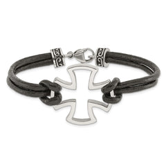 Chisel Stainless Steel Antiqued and Polished Cross Black Leather 8.25 inch Bracelet SRB1264-8.25