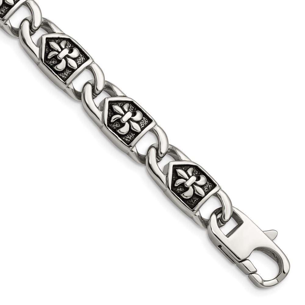 Chisel Stainless Steel Antiqued and Polished Fleur de Lis 8.75 inch Link Bracelet SRB1270-8.75