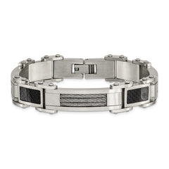 Chisel Stainless Steel Polished with Cable and Black Carbon Fiber Inlay 8.75 inch Link Bracelet SRB128-9