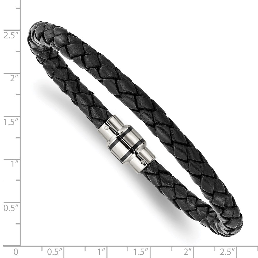 Chisel Stainless Steel Polished Black IP-plated Black Braided Leather 9 inch Bracelet SRB1347-9
