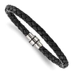 Chisel Stainless Steel Polished Black IP-plated Black Braided Leather 9 inch Bracelet SRB1347-9