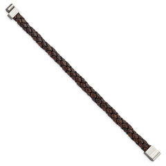 Chisel Stainless Steel Polished Brown Woven Leather 8.75 inch Bracelet SRB1349-8.75