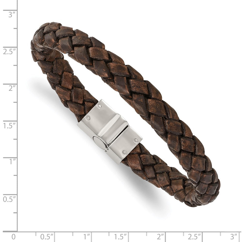 Chisel Stainless Steel Polished Brown Woven Leather 8.75 inch Bracelet SRB1349-8.75