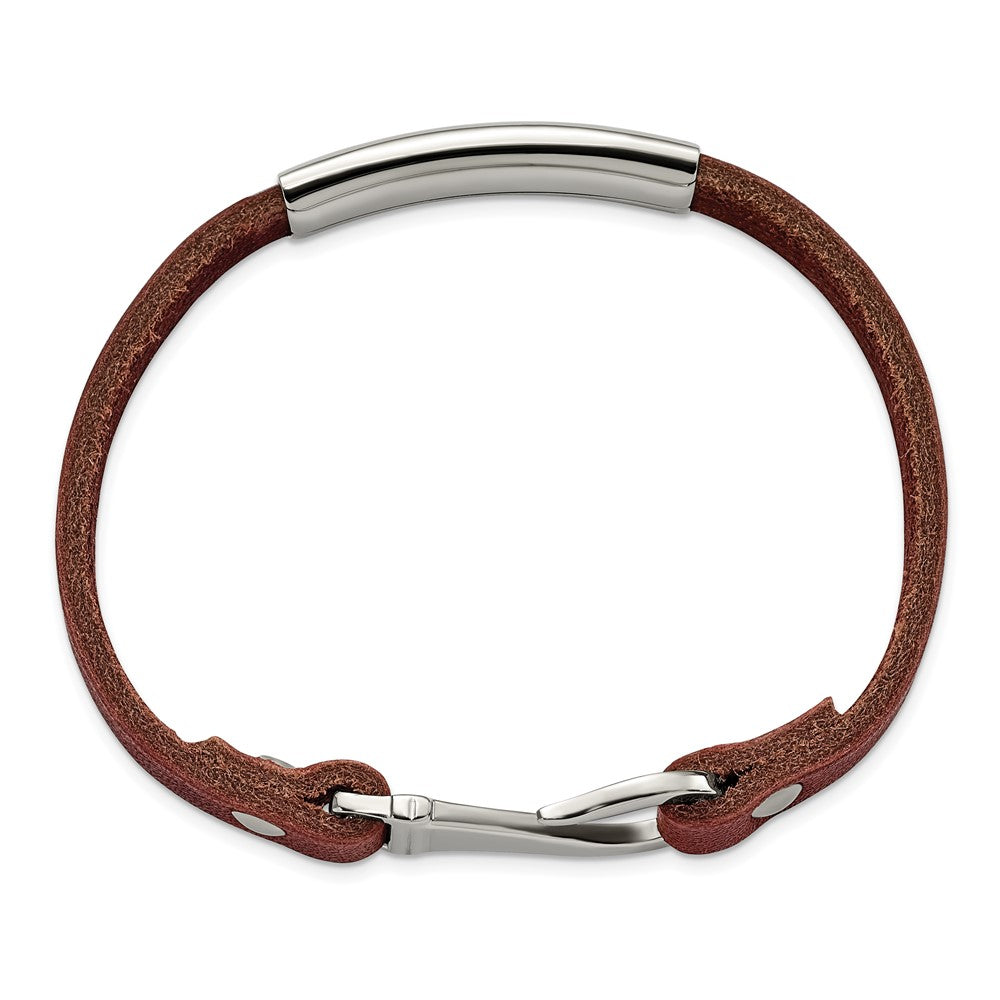 Chisel Stainless Steel Polished Brown Leather 8.5 inch ID Bracelet SRB1363-8.5
