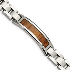 Chisel Stainless Steel Brushed and Polished Enameled with Koa Wood Inlay 8.5in Link ID Bracelet SRB1492-8.5