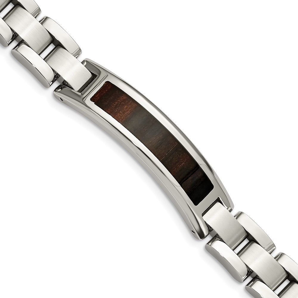Chisel Stainless Steel Polished Enameled Black Koa Wood 8.5 inch Link ID Bracelet SRB1496-8.5