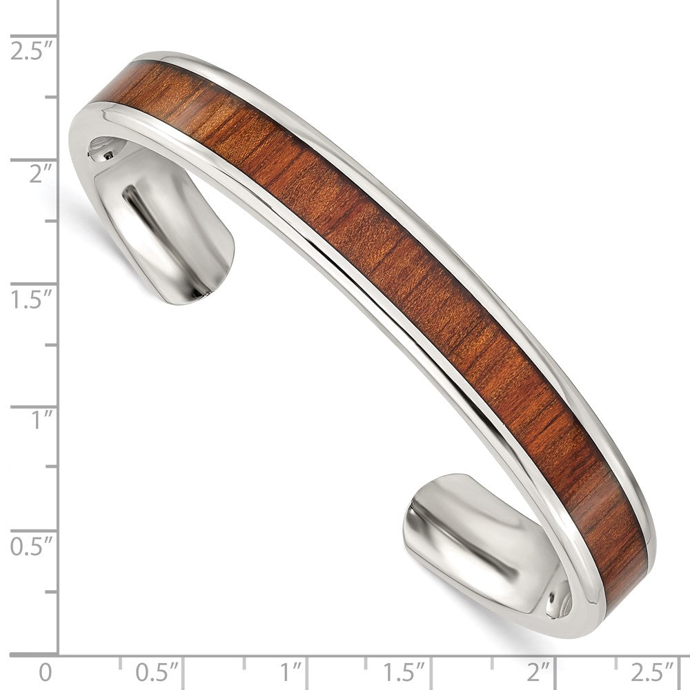 Chisel Stainless Steel Polished with Red/Orange Koa Wood Inlay Cuff Bangle SRB1505