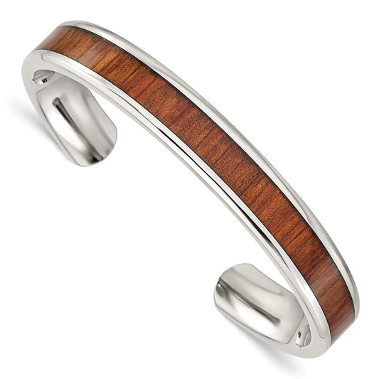 Chisel Stainless Steel Polished with Red/Orange Koa Wood Inlay Cuff Bangle SRB1505
