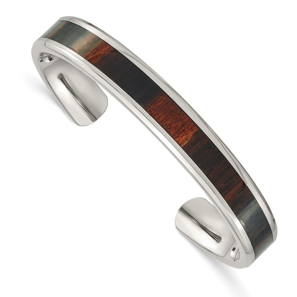 Chisel Stainless Steel Polished with Enameled Koa Wood Inlay Cuff Bangle SRB1508